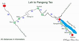 Leh to pangong tso road map with ditances