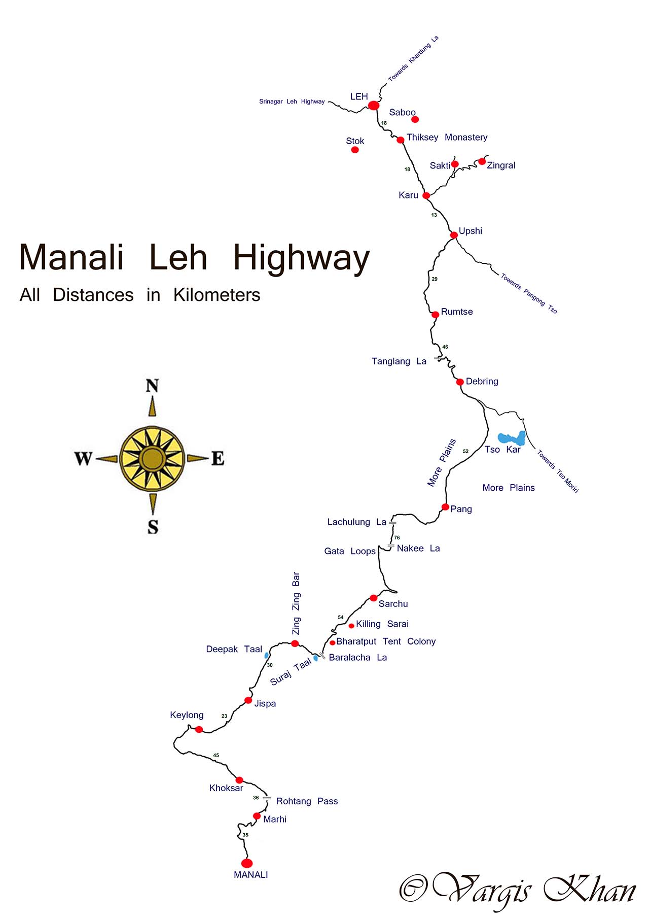 manali to leh road map with distance