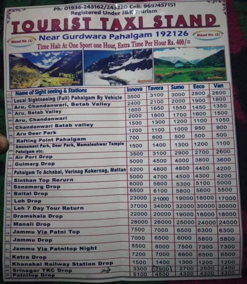 taxi rates in pahalgam