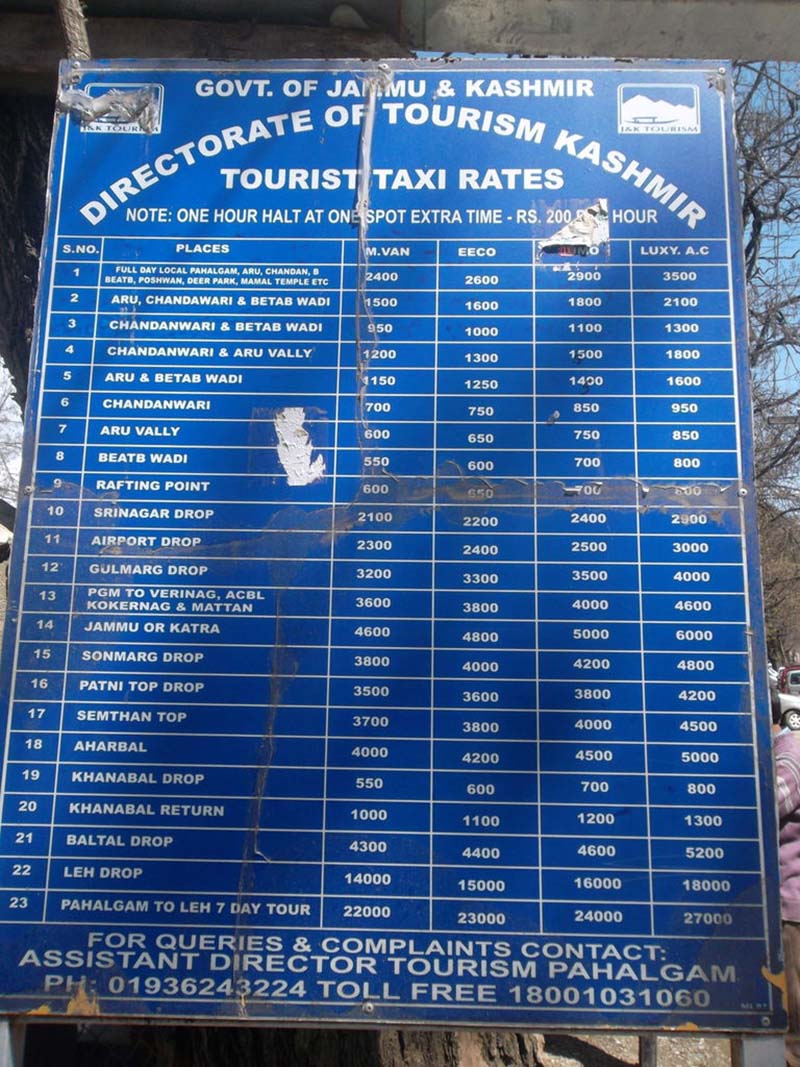taxi rates in pahalgam