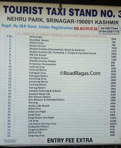 Kashmir Taxi Rates