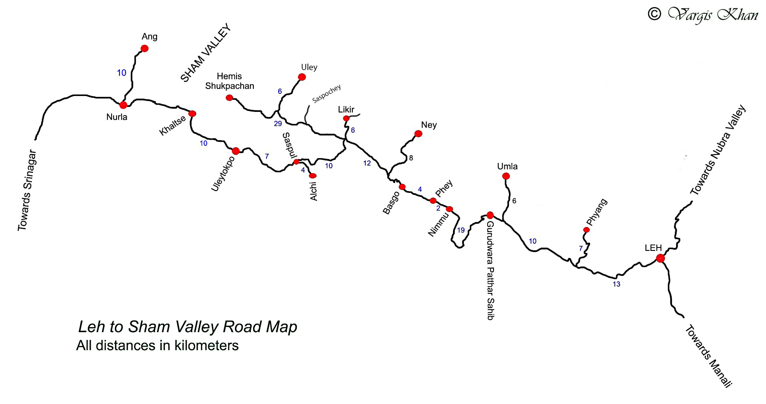 Sham Valley Map : Road Map from Leh to Sham Valley - Vargis Khan