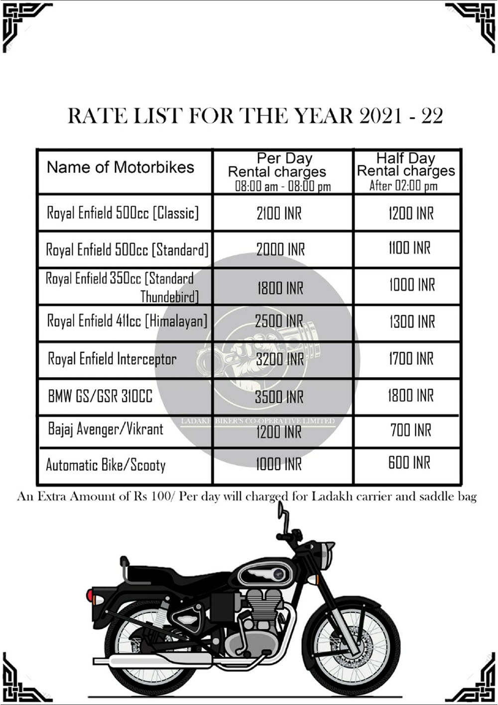 leh ladakh bike rental rates