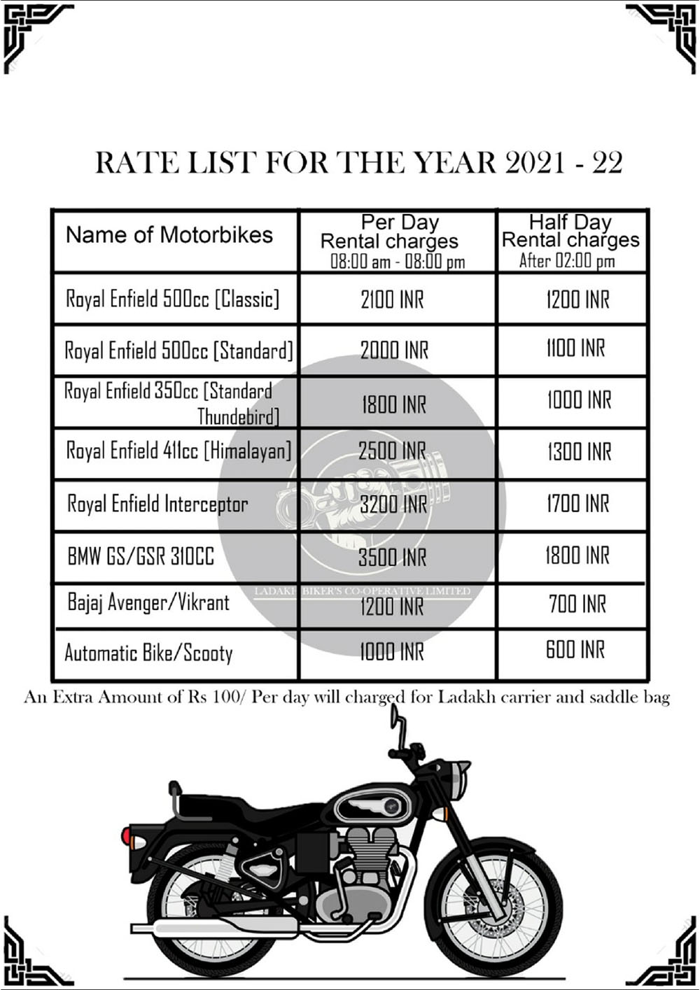 Motorcycle rate online list